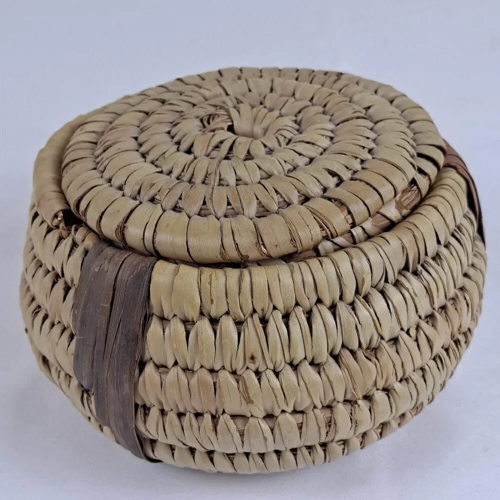 Handmade Woven Basket with Lid Tan and Brown Trinkets Jewelry Holder Etc